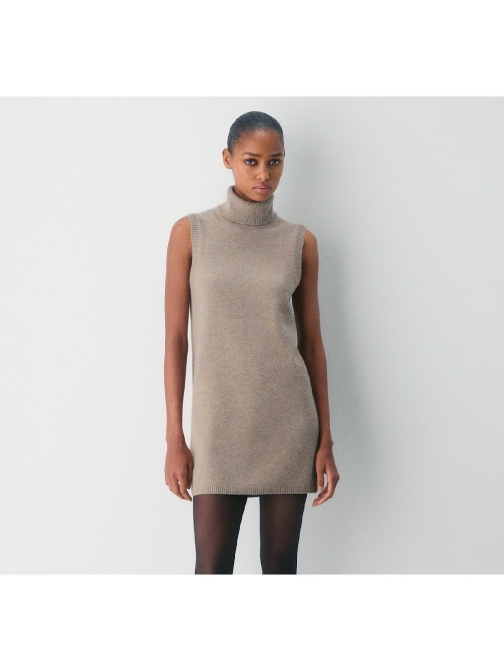 Fate Sleeveless Turtleneck Sweater Dress Small Beige
